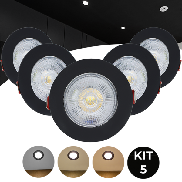 Kit com 5Un spot led preta 7w