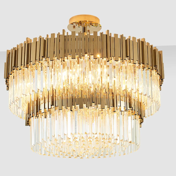 Lustre redondo dourado e cristal transparente