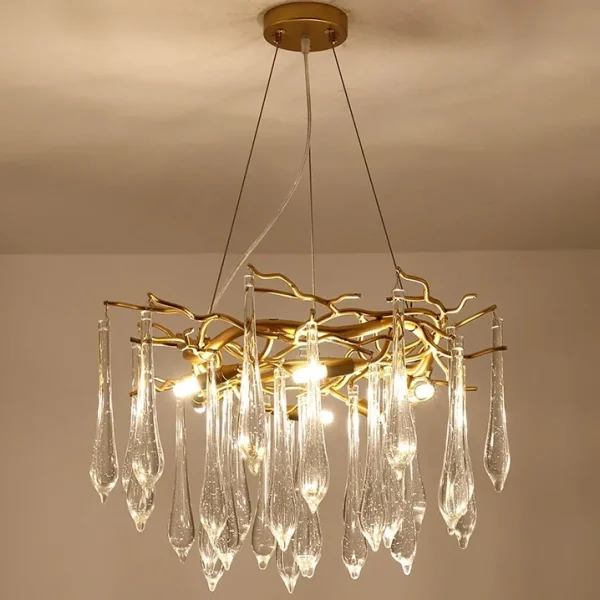 Lustre Dourado Moderno Galhos Com Gotas Cristais Asfuor K9