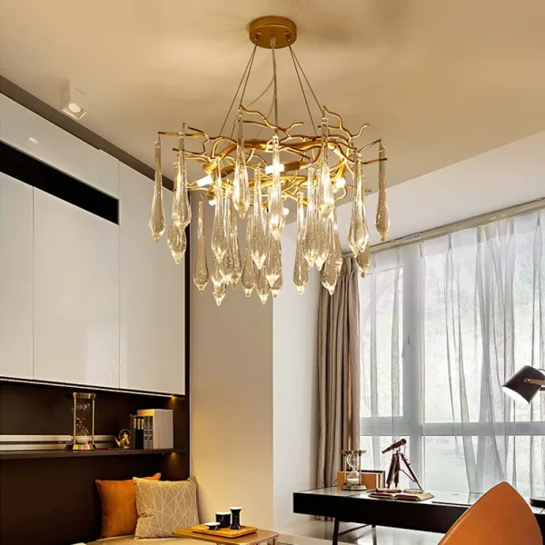 Lustre Dourado Moderno Galhos Com Gotas Cristais Asfuor K9 - Image 4