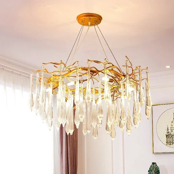 Lustre Dourado Moderno Galhos Com Gotas Cristais Asfuor K9 - Image 2